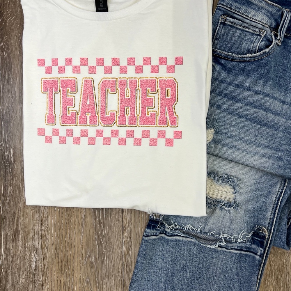 TEACHER chenille look DTF unisex white tshirt